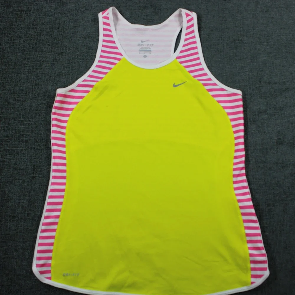 Nike Dri-FIT Womens Tank Top Neon Yellow Pink Striped Racerback Running Small